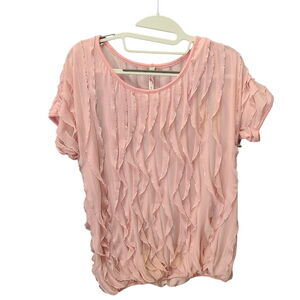 Andrea Missy Womens Ruffle Blouse Pink Size Medium Polyester Blend Short Sleeve